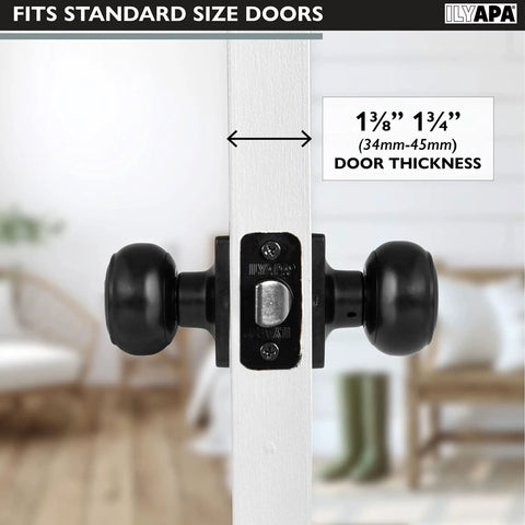 Matte Black Passage Door Knobs Set Of 10 Square And Round Style shown on a standard door thickness