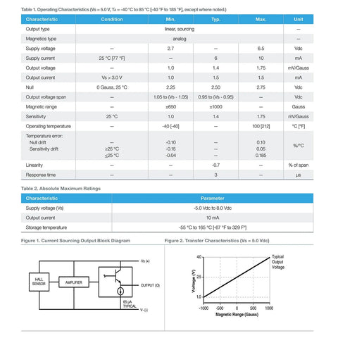 49E Hall Effect Sensor 3 Pin TO 92S Magnetic Detector spec sheet with operating and absolute maximum ratings, block diagram, and characteristics graph.