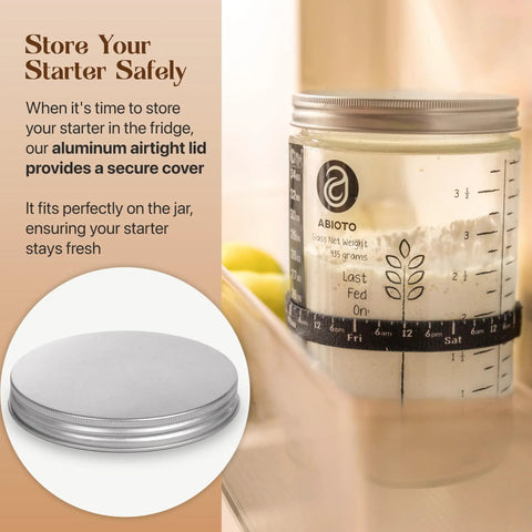 34 Oz Sourdough Starter Jar Kit With Metal Lid Silicone Spatula Feeding Tracker Extra Thermometer Strips And Breathable Covers For Sourdough Bread For Home Bakers, showcasing airtight lid and feeding tracker.
