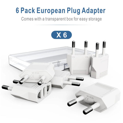 Six Pack US To Europe Plug Adapters For European Outlets 220V To 110V Travel Converter Type C Euro Plug with transparent box