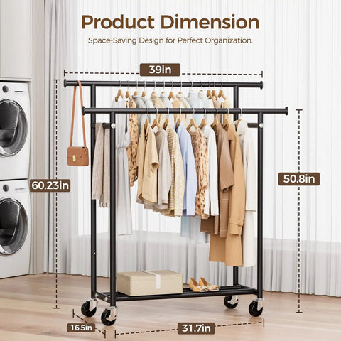 Heavy Duty Rolling Clothes Rack With Double Hanging Bars And Smooth Glide Casters Portable Black Garment Stand For Shirts Pants Jackets Roommate Approved Dorm Flex Setup