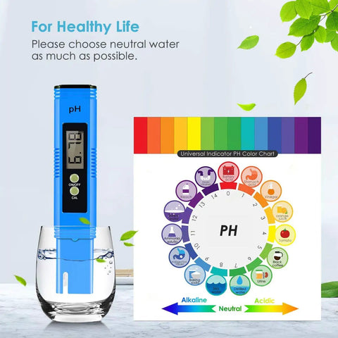 Super Accurate PH Meter 0.01 Digital PH Tester for Water, Hydroponics, in glass next to pH color chart.