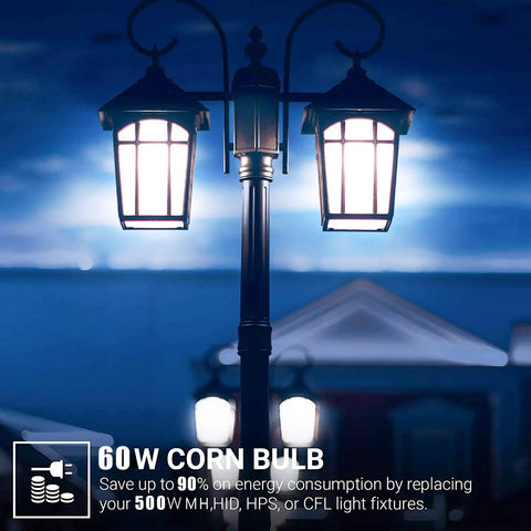 Two Pack 7500 Lumen LED Light Bulbs 5000K Daylight illuminating outdoor lantern streetlights at night