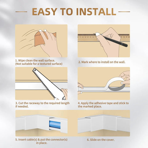Installation steps for One Cord Wire Hider For Walls 142 Inch Paintable Cable Cover Raceway White With Easy Install for TV cables.