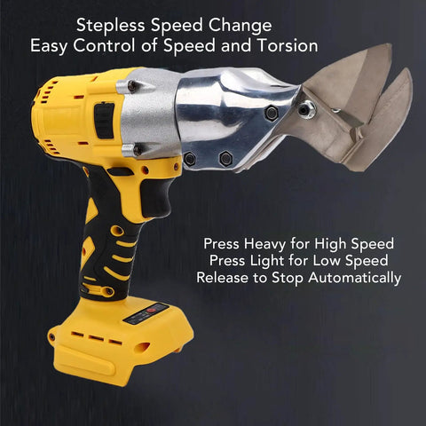 Banapoy Cordless Electric Metal Shears For 18V Battery Brushless Motor With 400Nm Torque 0-360 Rotating Head Safety Lock And LED Light, close-up showing stepless speed control and metal blade.