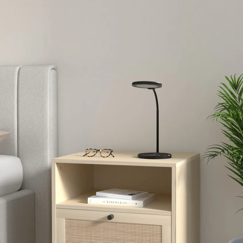 LED Desk Lamp With USB Charging Port, Eye Caring Circular Design With No Flicker on nightstand in bedroom