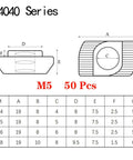 Built Strong 50Pack M5 TSLOT Nuts For Aluminum Extrusion Systems diagram showing dimensions and specifications.