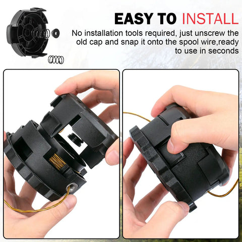 DWO1DT995 Weed Trimmer Head Cap Replacement for Dewalt Weedeater, black head caps with springs shown in hands close-up