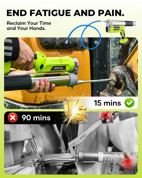 Image comparing a Cordless 12000 PSI Electric Grease Gun Kit With Dual 2.0Ah Batteries, showing faster use versus manual tool.