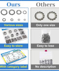 Front view of 570-piece 304 stainless steel external-tooth lock washer set in storage case; sizes M2.5–M12.