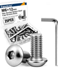 Top Shelf 25 Pack M6 X 12 Button Head Socket Cap Screws Full Machine Thread Durable 304 Stainless Steel in box with wrench.