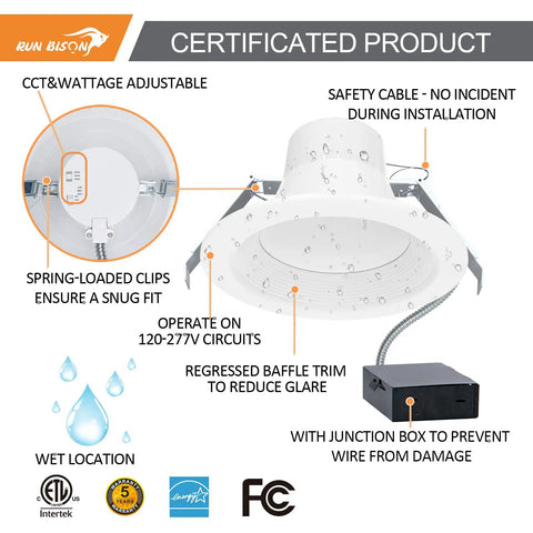 12 Inch Canless LED Recessed Downlight With Junction Box, Slick Adjustable Wattage 30 To 50 Watts, 3Cct Warm Cool Daylight 3000K To 5000K, No Sweat 0 To 10V Dimming, IC Rated Commercial Ceiling Fixture Pack Of 10 close-up of adjustable features and installation details.