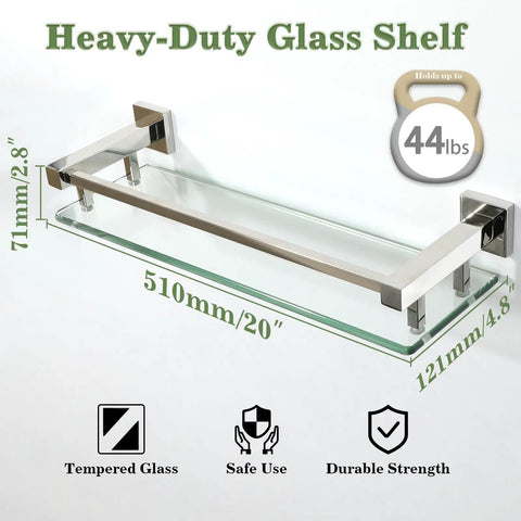 20 Inch Glass Shelf For Bathroom Wall Mounted Polished Chrome Floating Shelves With 8mm Tempered Glass And SUS304 Stainless Steel Brackets