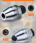 Damaged Bolt And Stud Extractor Tool With Three Eighths Drive, adjustable for 1/4 to 1/2 inch studs, shown in alloy steel.