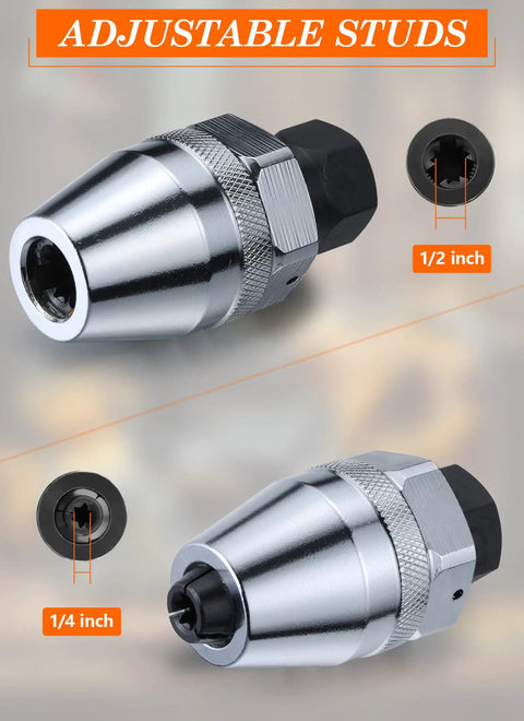 Damaged Bolt And Stud Extractor Tool With Three Eighths Drive, adjustable for 1/4 to 1/2 inch studs, shown in alloy steel.