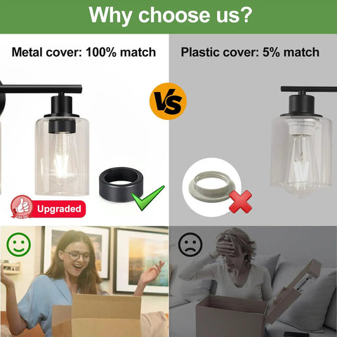 Comparison of metal cover vs plastic cover for Three Light Matte Black Bathroom Vanity Light Fixtures With Clear Glass Shades.