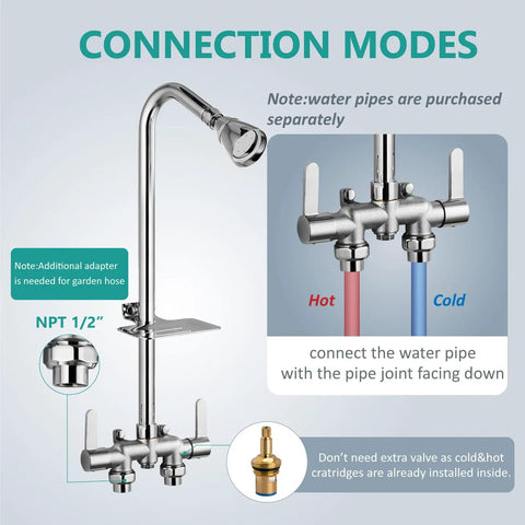 Outdoor Shower Kit With Brass Valve And Shower Head 3 Inch Center Exposed Shower With Two Handles Soap Dish Stainless Steel Pipe Polished Chrome Corrosion Resistant Build For Poolside Yard Or Beach House