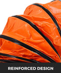 Close-up of orange reinforced 25 Ft PVC Flexible Ducting Hose with S Hooks and Steel Support for 8 Inch Utility Blower