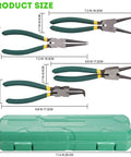 Three green heavy-duty snap ring pliers and a green storage case, showing sizes; 7 Inch Heavy Duty Snap Ring Pliers Set For Retaining Rings Internal And External Removal With Straight Tips Pro Grade Pliers For Mechanics DIY And Automotive Repair.