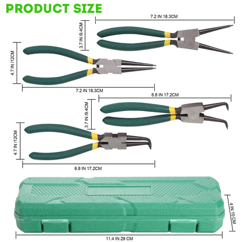 Three green heavy-duty snap ring pliers and a green storage case, showing sizes; 7 Inch Heavy Duty Snap Ring Pliers Set For Retaining Rings Internal And External Removal With Straight Tips Pro Grade Pliers For Mechanics DIY And Automotive Repair.