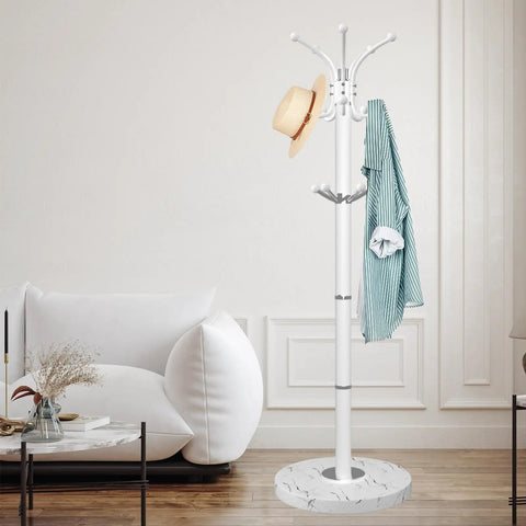 Sleek Freestanding Coat Rack With 360 Degree Swivel Hooks And Marble Base, 14 Hooks For Bags, Hats, And Coats in a living room