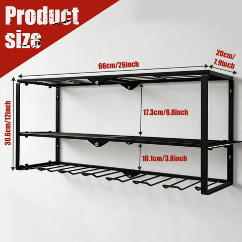 Front view of Power Tool Organizer Wall Mount with 3 Level Drill Rack and Charging Station, showing dimensions.