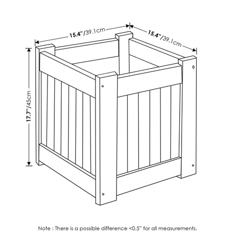 Dimensions diagram of Two Pack Teak Oil Finished Meranti Wood Flower Planter Boxes For Outdoor Gardens Patios And Backyards 15.4 x 17.7 x 15.4 Inches Water Resistant Durable With Easy Assembly And Hardware Included.