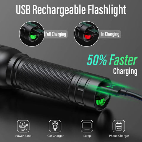 Rechargeable High Lumens Tactical Flashlight Two Pack G1000 USB charging with indicator lights and faster charging claim