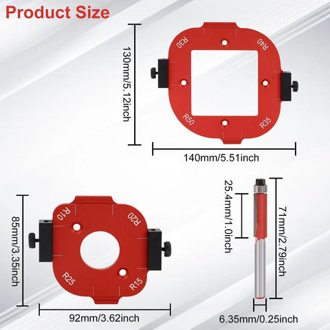 Heavy Duty Aluminum Router Corner Radius Template Kit Including Eight Radius Measurement Options For Butter Smooth Woodworking Edge Profiling And Router Table Jig Setup That Guarantees Zero Headaches, size dimensions displayed.