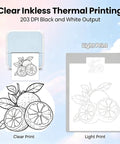 Portable Bluetooth Mini Label Maker Featuring No Sweat Inkless Thermal Printing For Crisp Photos and Totally Effortless Home Organization Sticker Sheets with black and white prints.