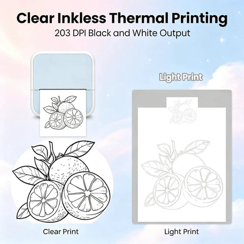 Portable Bluetooth Mini Label Maker Featuring No Sweat Inkless Thermal Printing For Crisp Photos and Totally Effortless Home Organization Sticker Sheets with black and white prints.