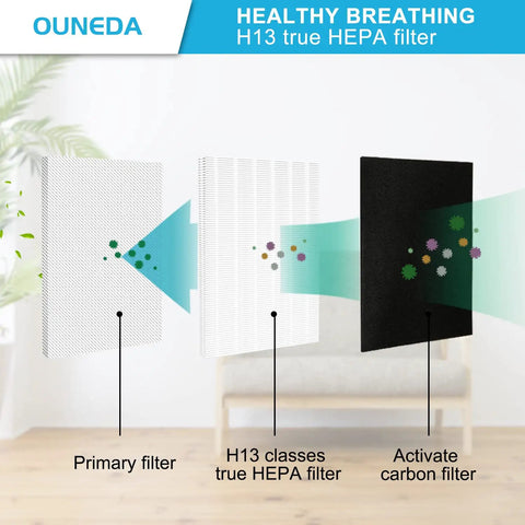 Diagram showing Two Pack HEPA Replacement Filters With Odor Pre-Filters For AP 1512HH Air Purifier, True H13 Filtration process