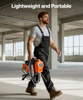 Man carrying Heavy Duty Stand Airless Paint Sprayer With 1500W Motor And 3300 PSI Pressure, portable for easy transport.