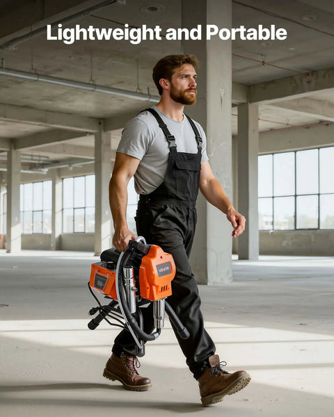 Man carrying Heavy Duty Stand Airless Paint Sprayer With 1500W Motor And 3300 PSI Pressure, portable for easy transport.