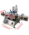 No Sweat Automatic Desktop Conveyor Labeler Supports 110V Power And Cracks Out Up To Sixty Labels Per Minute For Round Or Hex Bottles With Precision Fiber Optic Sensors, shown from the side with dimensions.