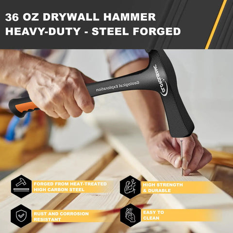36 Oz Rock Pick Hammer Heavy Duty Masonry and Bricklayer Tool With Comfortable Rubber Grip in hand on wooden surface
