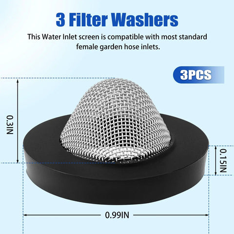 Inlet Screen Filter With Gasket, Three Pack Hose Filter Washers For Pressure Washer Pumps, stainless mesh and rubber seal