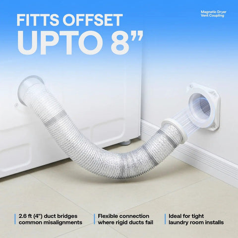 Magnetic Dryer Vent Kit For Tight Spaces With Self-Aligning Mag-Snap Connector shown installed with flexible duct bridging 8-inch gap.