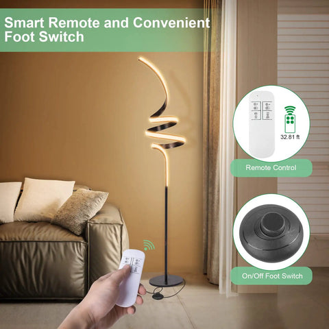 Tall LED Floor Lamp With Remote And Foot Switch, 58 Inch Standing Light with dimmable glow in living room.