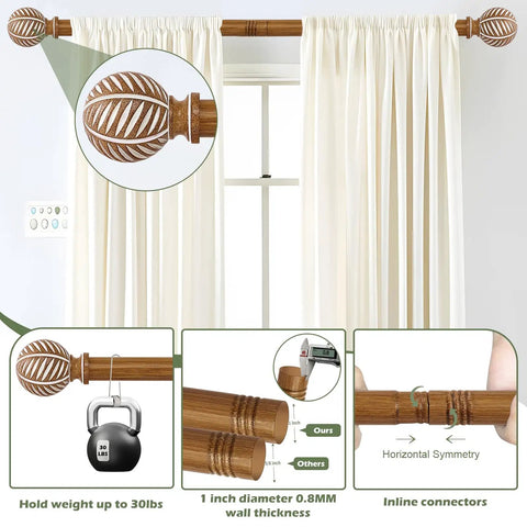 Wood Boho Curtain Rods For Windows With Heavy Duty Adjustable Rustic Finish Farmhouse Style Drapery Rods, Imitation Wood Grain
