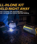 Person welding with Compact 200A 110V Stick Welder With DC Inverter, Lightweight MMA Arc Welder For Home DIYers, gloves visible