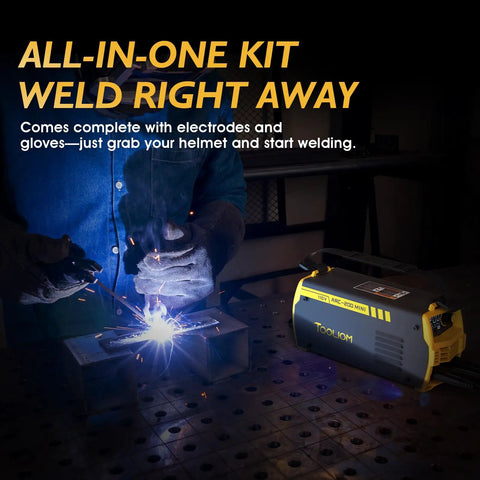 Person welding with Compact 200A 110V Stick Welder With DC Inverter, Lightweight MMA Arc Welder For Home DIYers, gloves visible