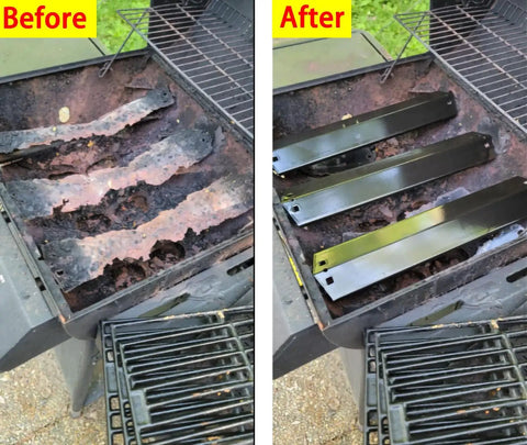 Boss Level DG234 Heat Plates And Cast Iron Cooking Grids Replacement Kit For Chargriller King Griller Gas Grill Models 3001 3008 4000 5050 5072 5252 5650 comparison of old and new heat plates.