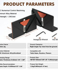 Right Angle Spline Jig For Table Saw And Router Table, Adjustable Clamp For Five To Forty Two Millimeters Thick Stock displayed with hex tools, CNC aluminum body, shown in product parameters table.