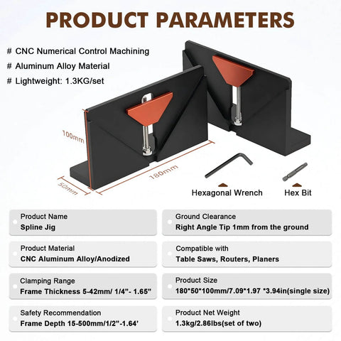 Right Angle Spline Jig For Table Saw And Router Table, Adjustable Clamp For Five To Forty Two Millimeters Thick Stock displayed with hex tools, CNC aluminum body, shown in product parameters table.