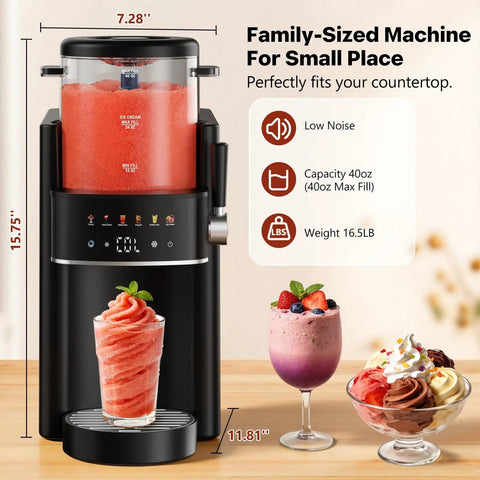 Super Chill Slushie Maker For Home With Rapid Freeze Ice Cream Cycle And Forty Ounce Basin In Matte Black Body with frozen drinks.