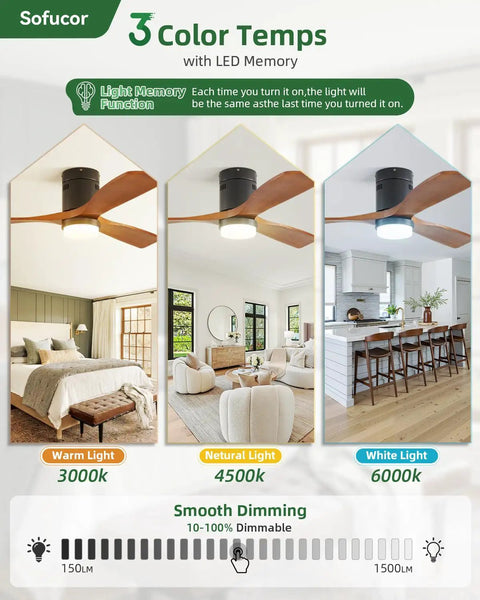 Top Notch 52 Inch Wood Ceiling Fan With Dimmable LED Lights And Wireless Remote showing 3 color temps in different room settings.