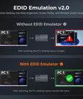 Image illustrating EDID Emulation v2.0 effects on desktop layout changes without and with emulator for PCs.