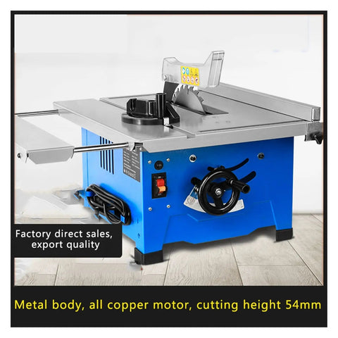 Bad Boy 8 Inch Mini Table Saw Electric Power Tool A Real Game Changer For Home Workshops Built Like A Tank With Dust Shroud And Overload Safety For Dead On Cuts Every Time, blue metal frame, cutting height 54mm, precision tool.