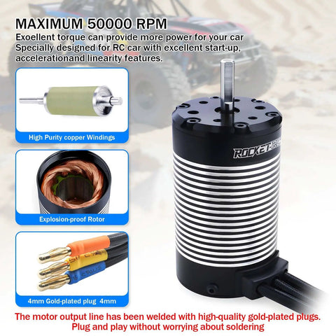 2050Kv 4 Pole Brushless Motor K4068 5S Hi Torque shown with windings, rotor, and gold-plated plugs for RC cars